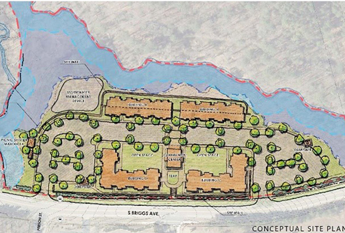 proposed site plan for affordable housing initiative showing 4 apartment buildings, community center, and playground