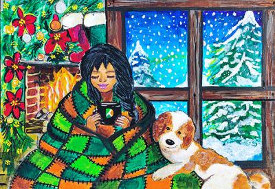 woman wrapped in an colorful knit afghan sitting by the fire drinking from a mug with a fluffy dog by her side